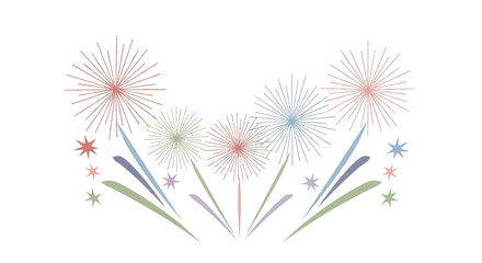 Colorful abstract fireworks display with various shapes and vibrant hues on a clean white background, perfect for celebrations and festive themes