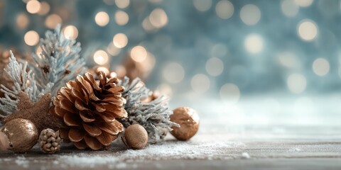 Gold pinecones and snowy decor with warm lights and bokeh background.