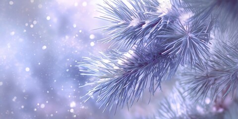 Frosty pine needles with pastel snowfall and dreamy bokeh background.