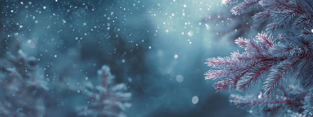 Frosty pine branches with falling snow and a soft blue winter background.