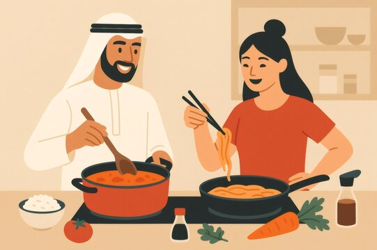 Arabian man and Asian woman preparing food, celebrating cultural diversity and shared culinary experience in a modern kitchen