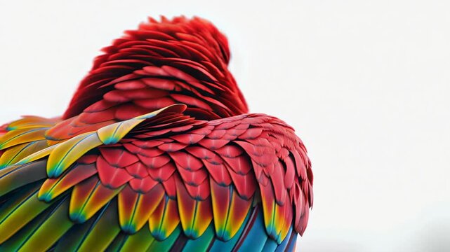 Close-up of a vibrant red macaw with detailed feathers and a strong beak. The background is plain white, highlighting the bird's features.