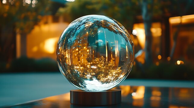 Crystal ball reflecting city lights and trees at dusk