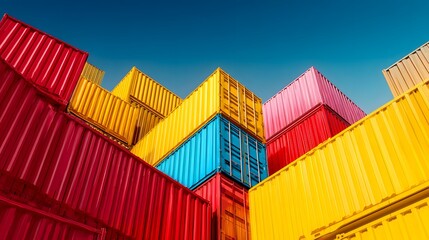 Fototapeta premium Colorful Cargo Shipping Containers Stacked at a Port Terminal.