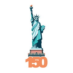 Statue of Liberty monument, poster. 150 years. July 4, USA Independence Day. Green flat design template. Holiday, welcome to America USA. New York symbol, banner, advertisement. Vector illustration 