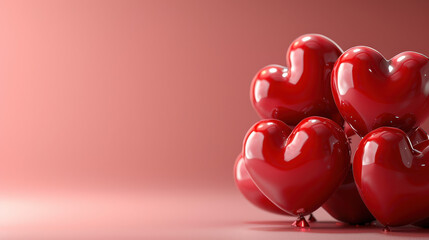 Glossy red heart-shaped balloons on a soft pink background for romantic concepts