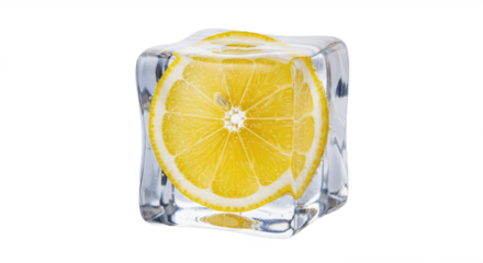 Bright yellow lemon slice encased in a clear rectangular ice cube, showing circular cross-section and vibrant flesh, isolated on a pure white background, highlighting freshness, transparency, and citr