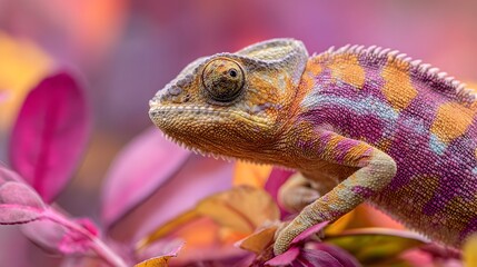 Fototapeta premium Colorful Panther Chameleon Resting on Vibrant Pink Leaves.