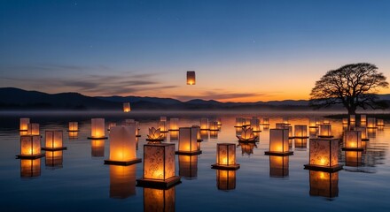 Floating Lanterns on Water at Sunset.