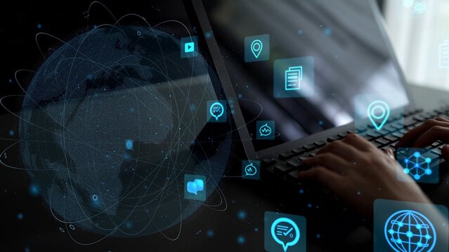 Captivating visual showcasing a user hands on a laptop, overlaid with digital icons and globe imagery, symbolizing modern connectivity and virtual communication. Xenic