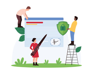 Fototapeta premium Digital signature security, personal data protection. Tiny people sign electronic document with pen, holding shield to protect online agreement, transaction or contract cartoon vector illustration
