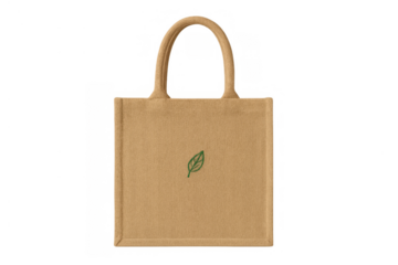 Reusable burlap tote bag with green leaf logo, promoting eco-friendly shopping and sustainable lifestyle on a transparent background