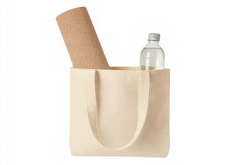 Canvas tote bag with yoga mat and water bottle for sport, wellbeing and eco-friendly lifestyle