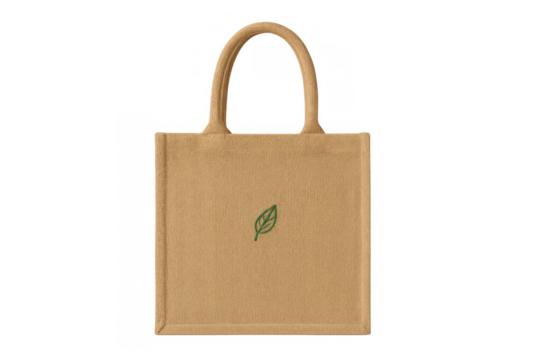 Reusable burlap tote bag with green leaf logo, promoting eco-friendly shopping and sustainable lifestyle on a transparent background