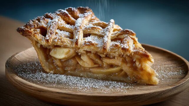 Close up of a lattice top apple pie slice dusted with powdered sugar on a wooden plate with blurred background lighting warm tones delicious dessert
