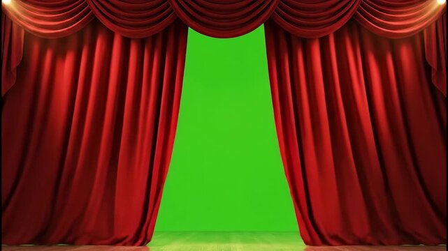 Dramatic red stage curtains opening to vibrant green screen, perfect for reveals, presentations, and theatrical productions royalty free