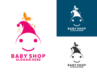 Baby head with beanie and butterfly logo design vector template. Baby shop logo design vector