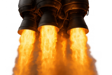 Rocket engines firing, creating a powerful fiery thrust with orange flames and hot exhaust, preparing for space launch