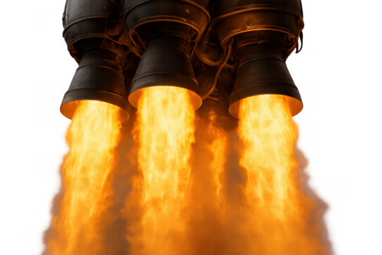 Rocket engines firing, creating a powerful fiery thrust with orange flames and hot exhaust, preparing for space launch