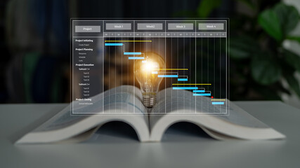 An open book with a light bulb symbolizes fresh ideas in project management, showcasing a Gantt chart for effective planning and strategy visualization. Tessel
