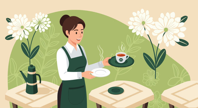 Illustration of a smiling waitress serving tea in a charming floral cafe ambiance