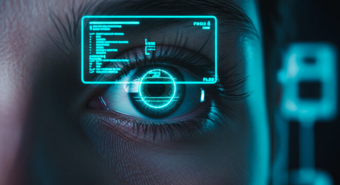 An eye, with data overlay, suggesting futuristic concept and high-tech visualization. capturing an image of cybernetic enhancement and technological innovation.