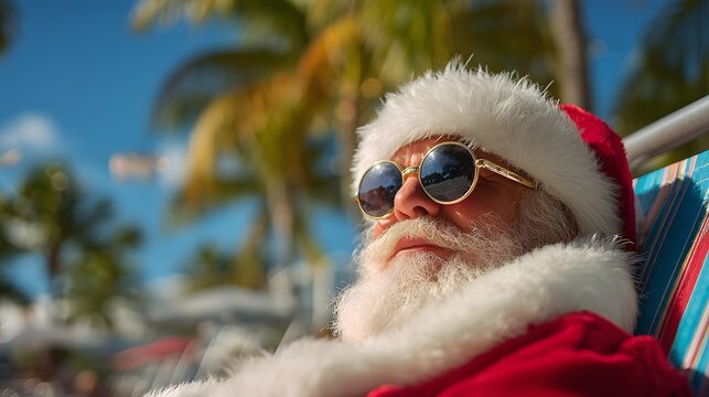 Cool Santa Claus in sunglasses relaxing on a tropical beach vacation. - Powered by Adobe