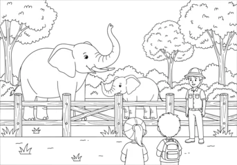 Fototapeten Zoo Cute zoo scene with children visiting elephants, cartoon wildlife illustration, educational coloring page for kids, zookeeper guiding visitors in nature environment  © Akaza