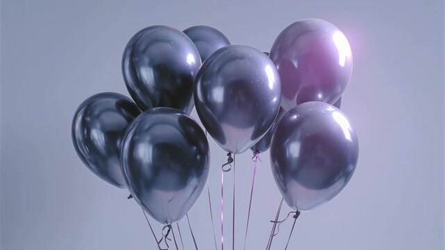 A cluster of shiny black balloons tied together with strings. The balloons are round and glossy, creating a festive atmosphere.