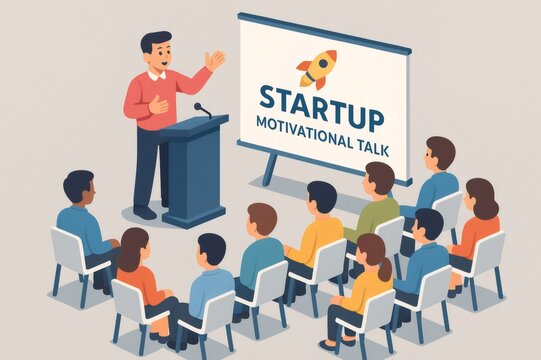 Speaker giving a motivational talk about new business ventures, inspiring an audience with entrepreneurial concepts and growth ideas