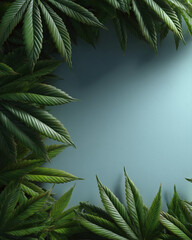 Neatly arranged cannabis leaes forming a border around a clean pastel centre