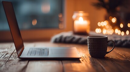 Cozy home office setup with a laptop and coffee on a wooden table.