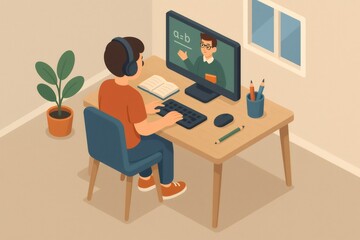 Fototapeta premium Student wearing headphones watching teacher on computer monitor for distance learning and home schooling