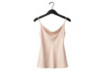 Silk satin camisole top on black hanger presenting a fashion mockup with transparent background