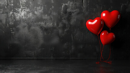 Red heart balloons against a dark textured wall, perfect for romantic concepts