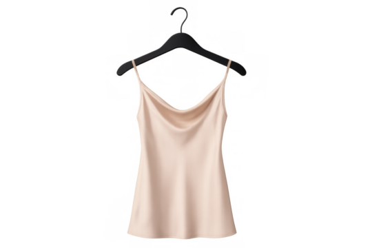 Silk satin camisole top on black hanger presenting a fashion mockup with transparent background