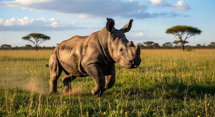Fototapeta premium Rhino in Action A Majestic Creature Thriving in the African Savanna