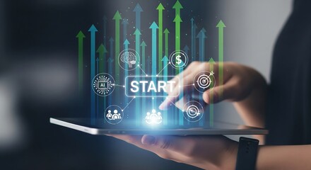 Digital start up growth strategy with business technology icons