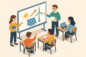 Students learning about green energy sources like solar panels and wind turbines during a classroom presentation on sustainability