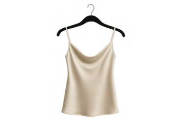 Silk slip top camisole women's beige apparel hanging on a hanger, transparent background, fashion clothing mockup