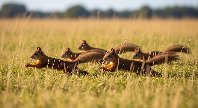 A lively group of energetic squirrels sprints across a sun-drenched golden field, capturing the essence of wild nature and dynamic movement with their agility
