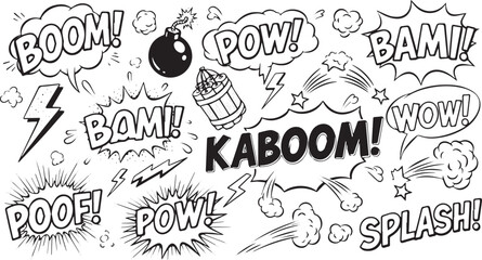 Comic speech bubbles with explosion effects hand-drawn vector illustrations for graphic novels and superhero comics background