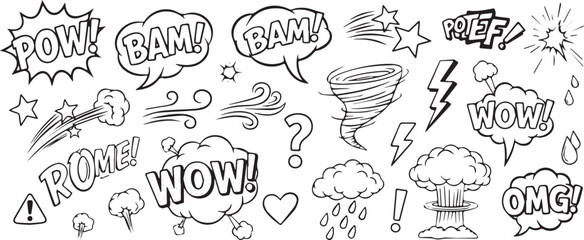 Collection of hand-drawn comic speech bubbles and elements vector illustration in doodle style background