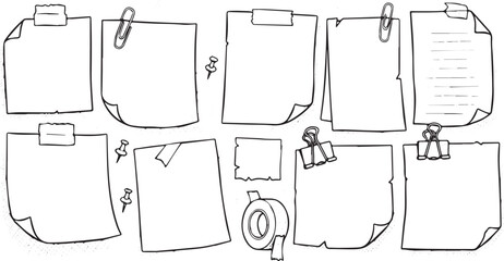 Collection of hand-drawn paper notes memo stickers with tape and clips vector illustration for reminders and organization