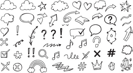 Hand-drawn doodle elements including clouds arrows and musical notes vector illustration for design and decoration background