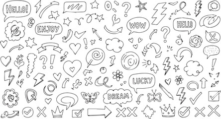 Hand-drawn doodle elements including arrows speech bubbles and symbols vector illustration for design and decoration