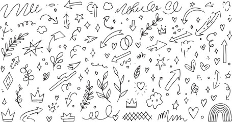 Hand-drawn doodle elements including arrows stars hearts and floral designs simple vector illustration for decoration and design