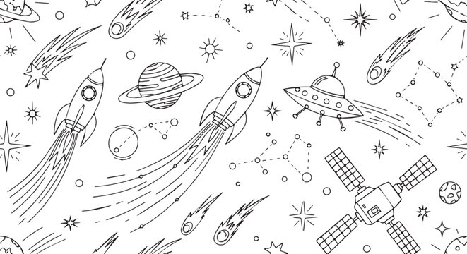 Seamless space pattern featuring rockets planets and stars hand-drawn vector illustration for textile design wallpaper or wrapping paper
