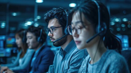 A group of diverse young adults working in a call center. They wear headsets and focus on their tasks in a dimly lit office environment. - Powered by Adobe