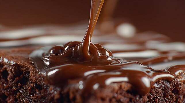 Decadent chocolate sauce pouring over a rich fudgy brownie dessert.